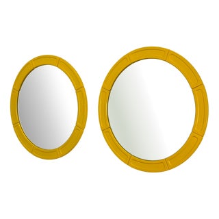 Round Yellow Lacquered Wooden Mirrors, 1970s, Set of 2 For Sale