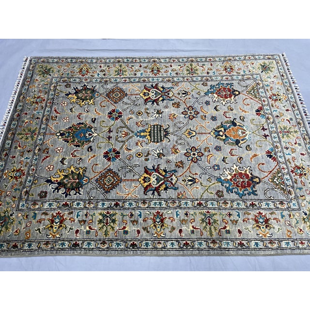 Sultani Pomegranate Floral Wool Rug in Gray, Teal and Burgundy, 5' X 6'9" For Sale - Image 4 of 15