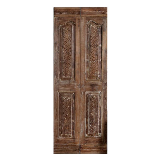 Vintage Floral Carved Double Doors – Rustic Farmhouse Reclaimed Wood Barn Door Set 80x29 For Sale