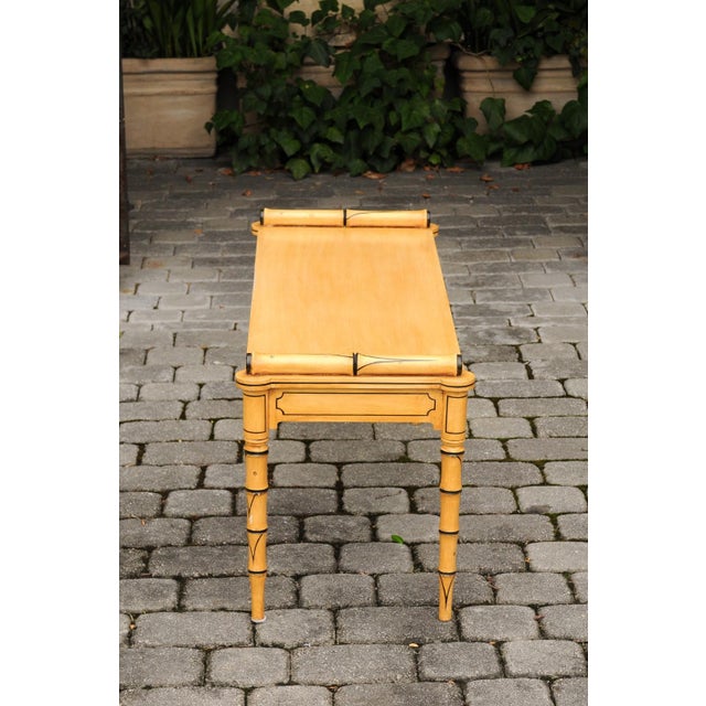 Mid-Century Modern Vintage English Midcentury Goldenrod Painted Wooden Bench with Black Accents For Sale - Image 3 of 11