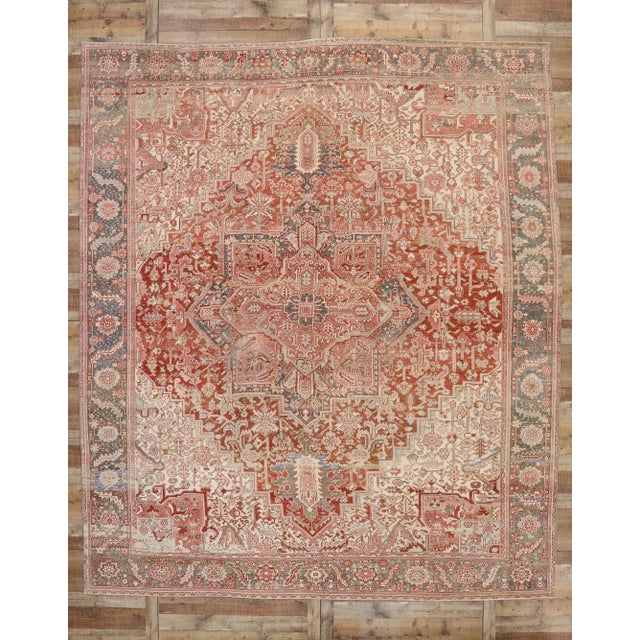 Modern Rustic Antique Persian Heriz Rug - 11'08 X 13'08 For Sale - Image 9 of 9