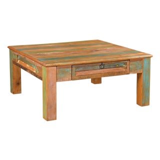 1990s Rustic Brown Reclaimed Wood Square Coffee Table With Drawers For Sale