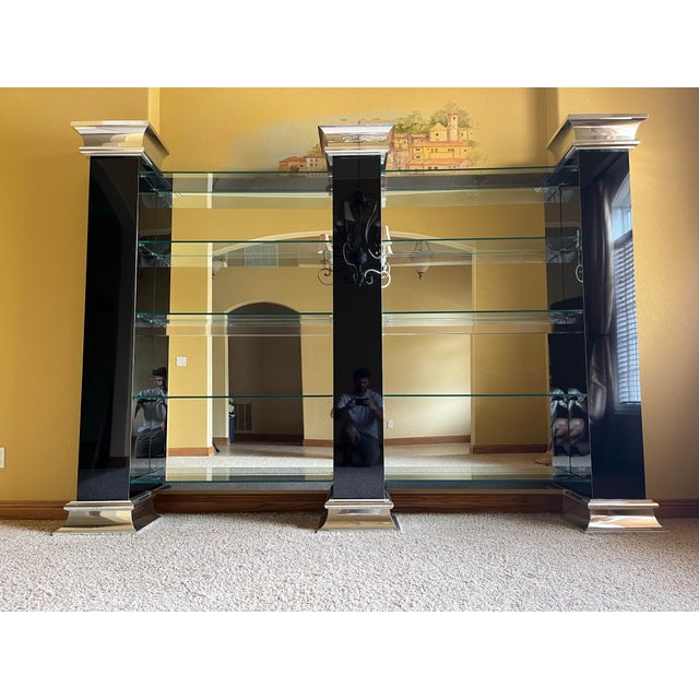 Monumental Black and Chrome Mirrored Glass Bookcase or Display Wall Unit For Sale - Image 12 of 12