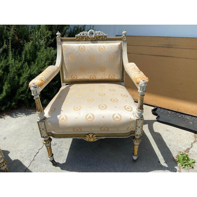 19th century French Louis xv style gold giltwood 3-piece parlor salon suite. Set includes, (1) loveseat, (1) armchair, (1)...