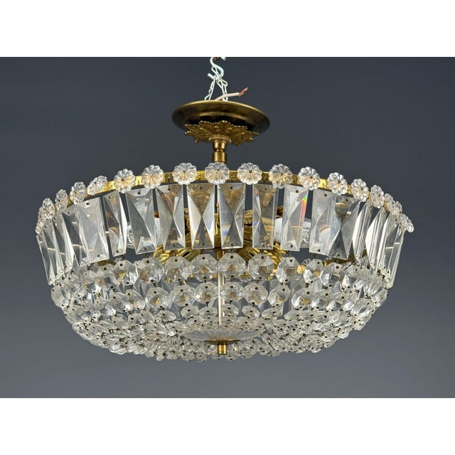 Flush Mount Neoclassical, Basket Flush Mount Pendant Light, Bronze, Crystal, France, 20th c. A chrome and brass flush-...