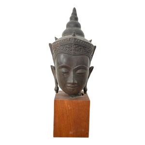Vintage Bronze Crowned Buddha Head in Thai Ayutthaya Style. Wood Base Sculpture