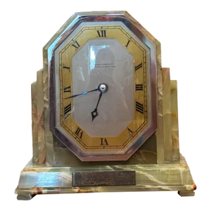 Art Deco Antique Marble Onyx Mantle Clock by Reid & Sons, Circa 1930s