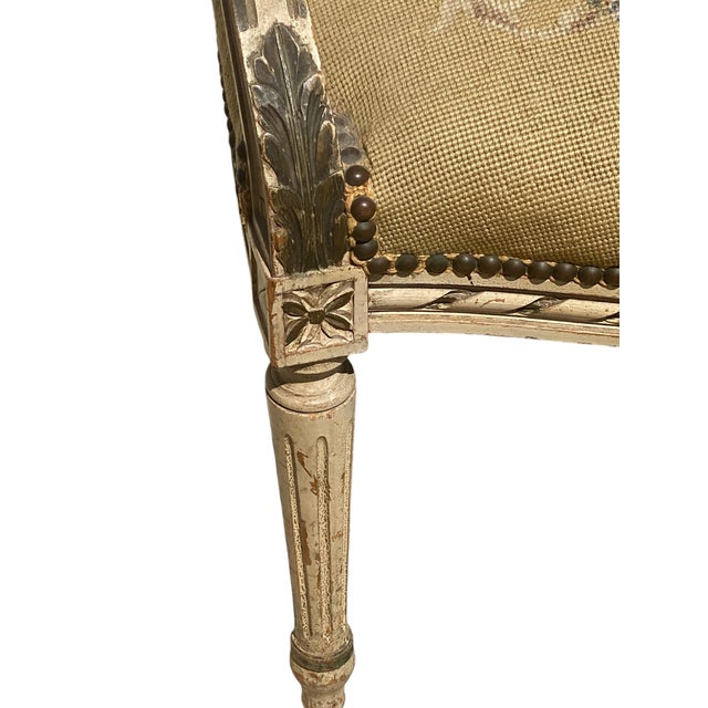 Cream 1930s Vintage French Provincial Fauteuil Chair With Floral Needlepoint Design For Sale - Image 8 of 12