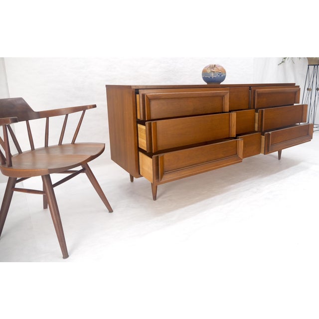 Mid Century Modern Sculpted Walnut 68" Long 9 Drawers Dresser Credenza MINT For Sale - Image 11 of 13