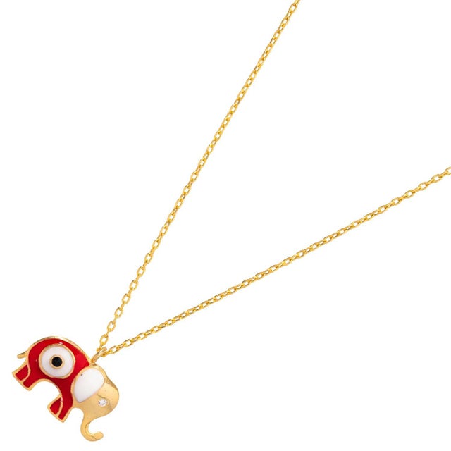 Contemporary Wishful Elephant & Red Enamel Evil Eye Pendant Gold Chain Necklace For Sale - Image 3 of 8