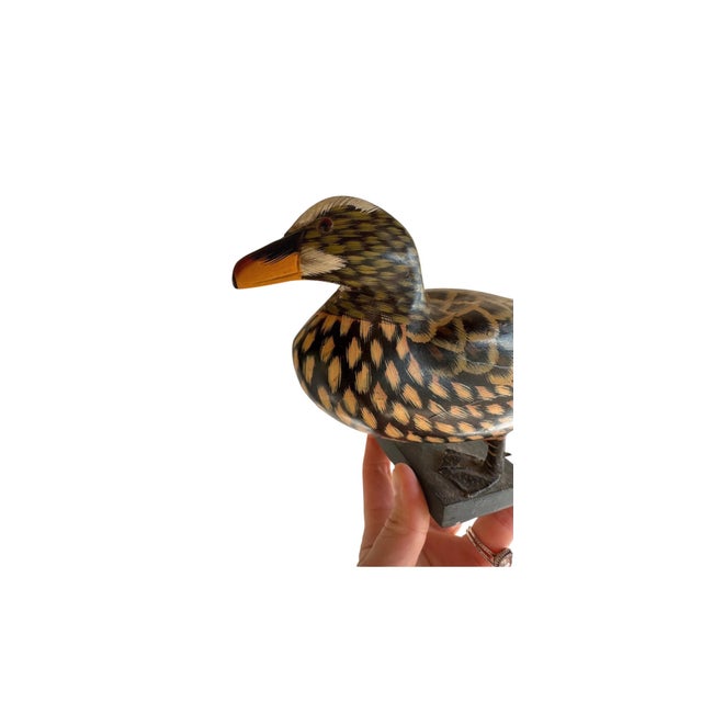 Folk Art Vintage Hand-Carved & Hand-Painted Wooden Duck Decoy on Display Base American Folk Art For Sale - Image 3 of 7