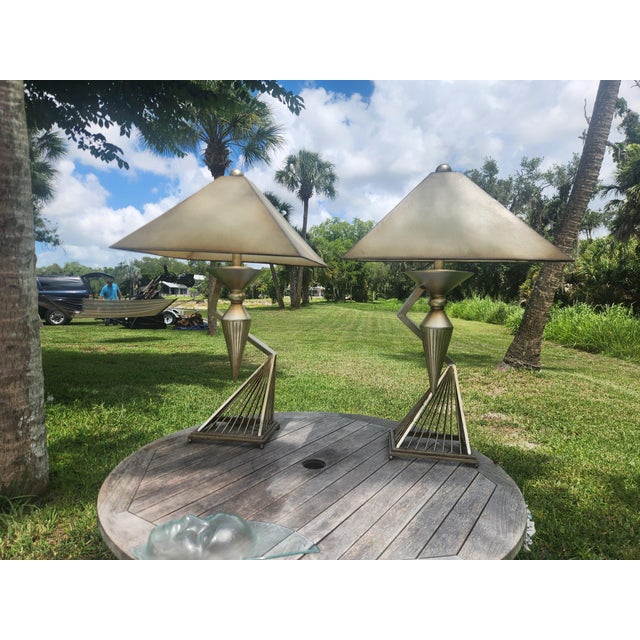 Metal 1950s Mid-Century Modern Atomic Brutalist Majestic Lamp Set ~ Original Fiberglass Shades For Sale - Image 7 of 18