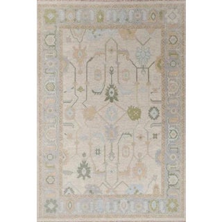 Modern Handknotted Oushak Rug in Muted Sage, Sky Blue & Dove Grey, 4' x 6' For Sale