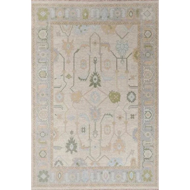 Modern Handknotted Oushak Rug in Muted Sage, Sky Blue & Dove Grey, 4' x 6' For Sale