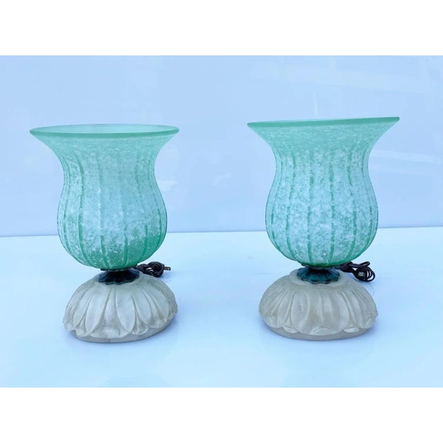 1950s Murano Glass & Hand Carved Alabaster Base Table Lamps - A Pair For Sale - Image 10 of 13