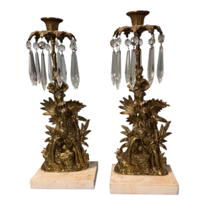 Pair of Antique Victorian Cast Metal Figural Girandole Candlesticks With Prisms
