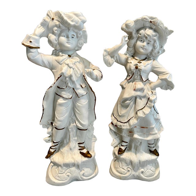 Antique Pair of Carl Schneider Boy & Girl Porcelain Bisque Figurines From Germany - Circa 1885 For Sale