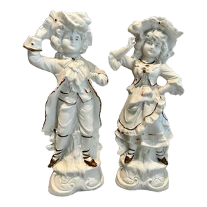 Antique Pair of Carl Schneider Boy & Girl Porcelain Bisque Figurines From Germany - Circa 1885