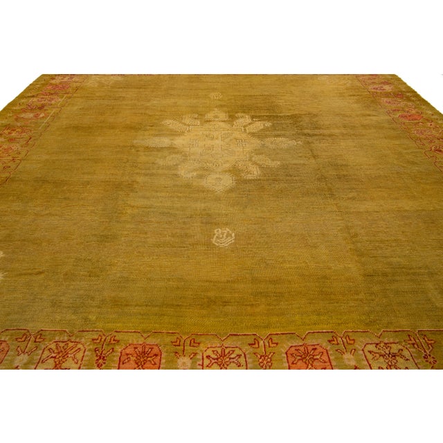 Goldenrod Turkish Oushak Antique Square Wool Rug Featuring a Center Design For Sale - Image 9 of 10