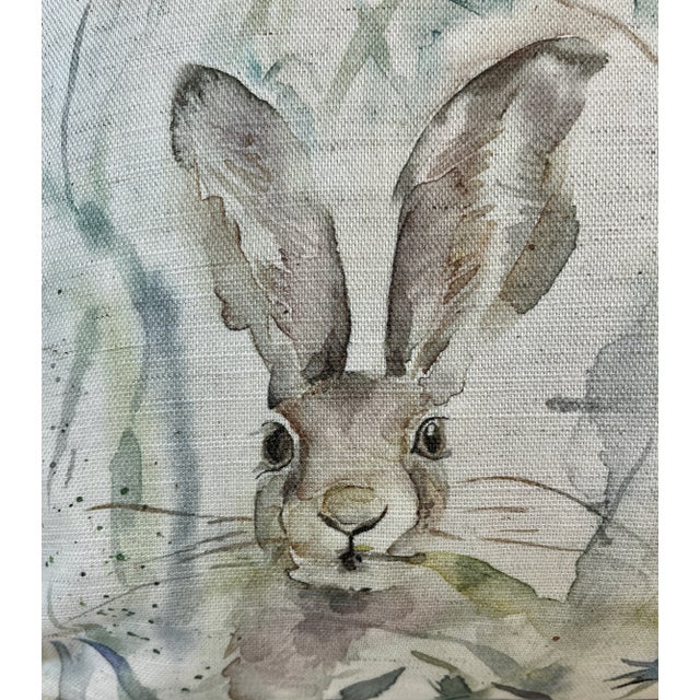Shabby Chic Large Bolster Pillow Decorated in a Muted Water Color Look Pattern Depicting Rabbit/Hares Hiding in Tall Brush - Made in U K For Sale - Image 3 of 12