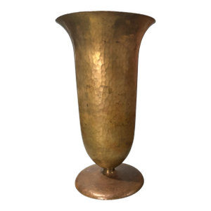 Vintage Arts & Crafts Style 8.5" Hammered Copper Vase With Brass Finish