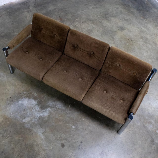 Late 20th Century Modern James David Sling Sofa W/Brown Wide Wale Corduroy Chrome Frame For Sale - Image 15 of 18