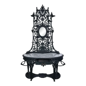 1860 Delft Cast Iron & Marble Hall Tree With Mirror