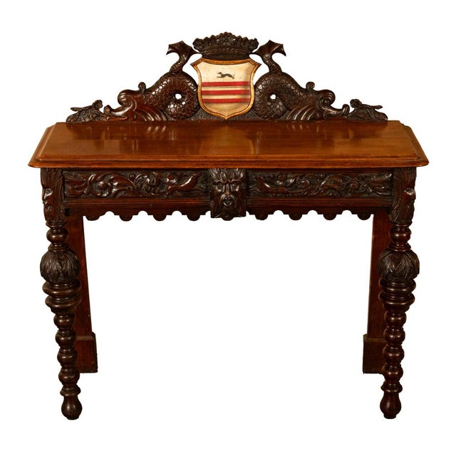 Antique Carved Oak Hall Table Skipworth Family Painted Royal Coat of Arms 1860 For Sale - Image 4 of 18
