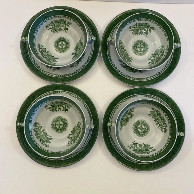 1950s 1950s Spode Fitzhugh Green Cream Soup & Saucer - Set of 4 For Sale - Image 5 of 12