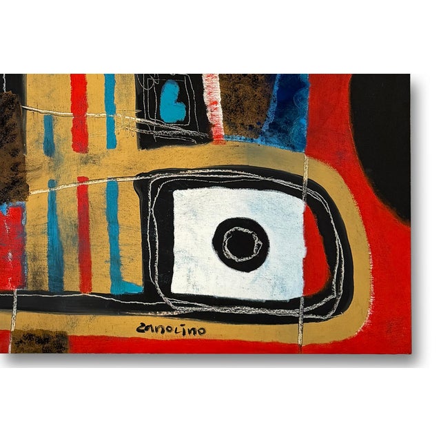 Philippe Zanolino, Red, Blue, Black and Gold Abstract Composition, Oil on Canvas For Sale - Image 5 of 6