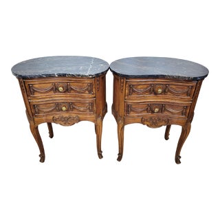 Pair Antique Carved Walnut Bed Side Marble Top Table Nightstands For Sale