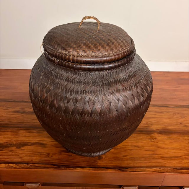 Wood Vintage Handwoven Lidded Basket, Extra Large Storage Vessel For Sale - Image 7 of 9