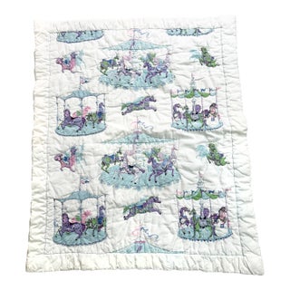 Vintage Handmade Carousel Baby Quilt | 1960s 1970s Crib Blanket | Whimsical Nursery Bedding | Pastel Storybook Quilt | 44 X 36.5 For Sale