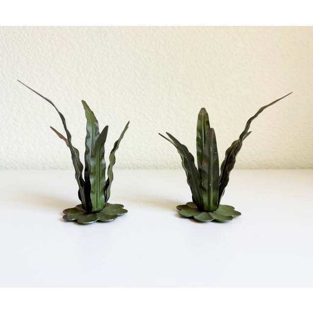 Rustic European Italian Tole Leaf Candle Holders, a Pair, 1960s For Sale - Image 3 of 10
