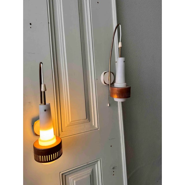 White Mid-Century Modern Scandinavian Sconces in Brass and Opaline Glass, 1950s, Set of 2 For Sale - Image 8 of 10
