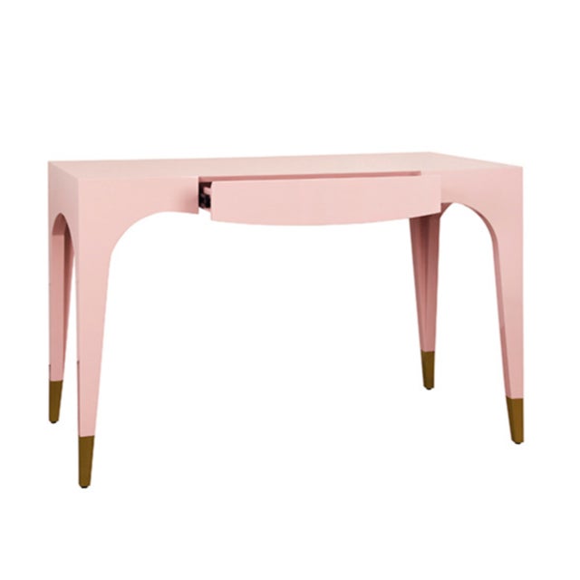 Worlds Away Matthew Izzo Home Mandi Glossy Pink Lacquer One Drawer Desk With Antique Brass Foot Caps For Sale - Image 4 of 8
