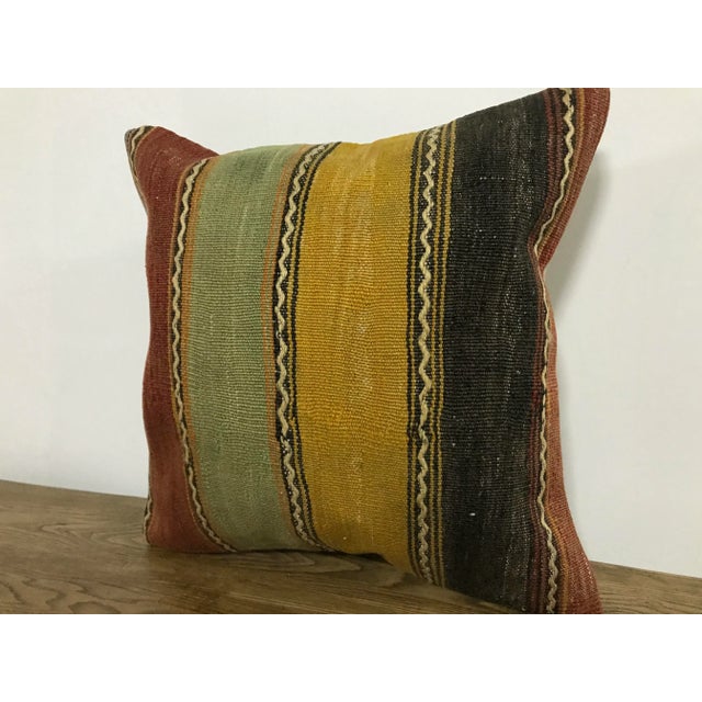 Boho Chic Striped Design Turkish Anatolian Green and Yellow Kilim Pillow Cover For Sale - Image 3 of 6