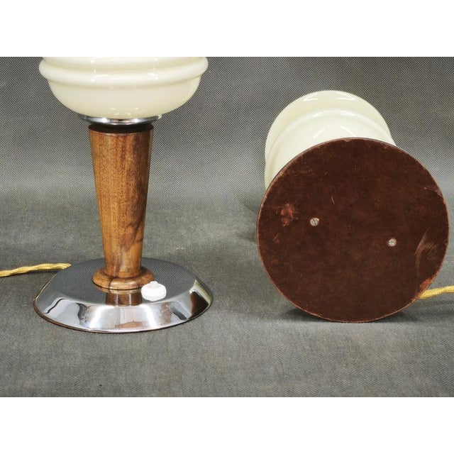 Italian Opaline Glass, Wood and Chrome Table Lamps, 1950s, Set of 2 For Sale - Image 4 of 11
