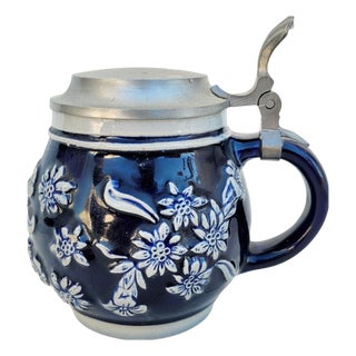 Mid-Century German Cobalt Blue Relief Stein with Pewter Lid, 1940s-1950s For Sale