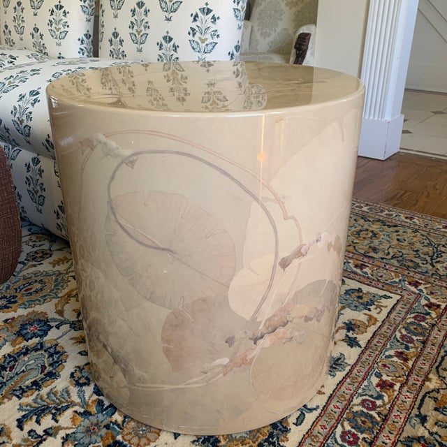 1970s French Laquere Martin Lily Pad Design Hand-Painted and Lacquered Parchment Drum Table For Sale - Image 4 of 10