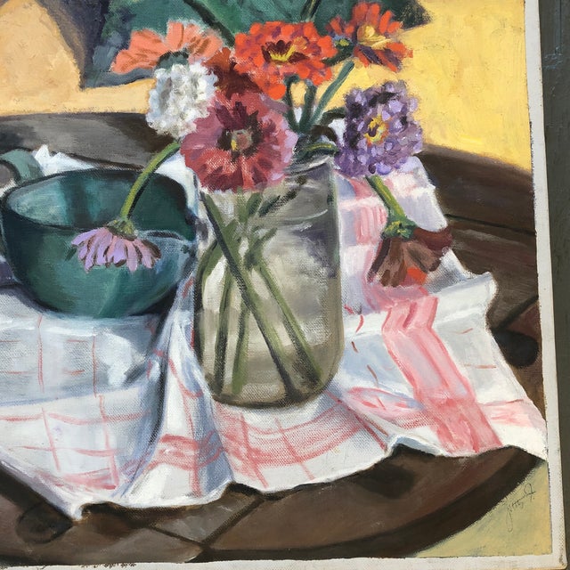 Contemporary Vintage Original Still Life Painting With Zinnias For Sale - Image 3 of 6