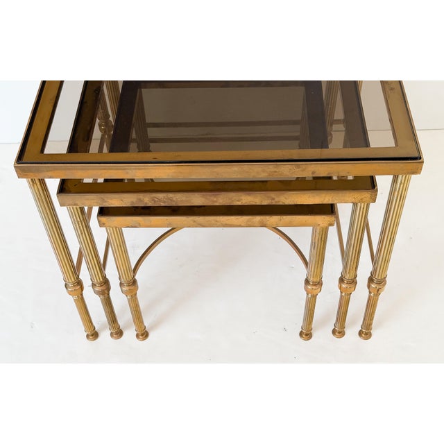 French Nesting Tables of Brass With Smoked Glass For Sale - Image 16 of 18