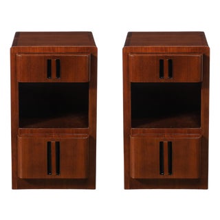 Pair of Art Deco Nightstands in Book-Matched Walnut With Black Lacquer Accents For Sale