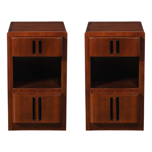Pair of Art Deco Nightstands in Book-Matched Walnut With Black Lacquer Accents For Sale