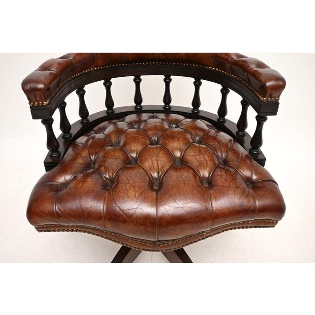 Brown Antique Leather Swivel Captains Desk Chair, 1950s For Sale - Image 8 of 11