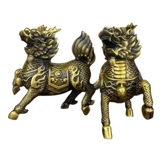 Pair of Gilt Bronze Qilin Statues – 5.1" Mythical Beast Figures With Scale Detail For Sale