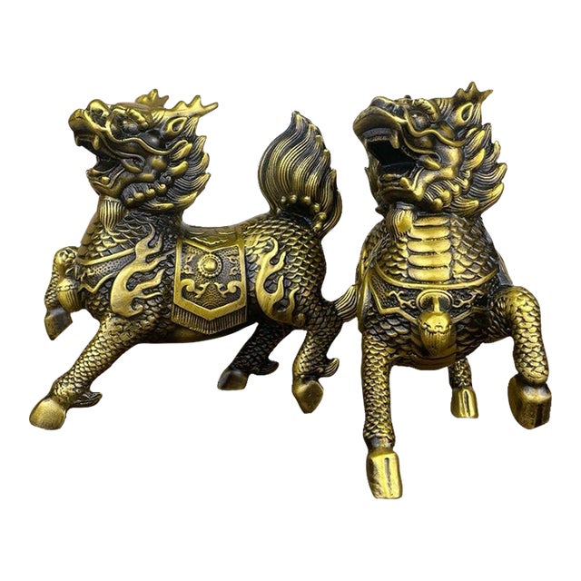 Pair of Gilt Bronze Qilin Statues – 5.1" Mythical Beast Figures With Scale Detail For Sale