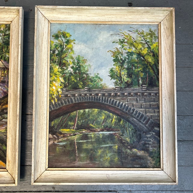 Impressionist Two 1960’s Original Impressionist Lake and Bridge Landscape Paintings - Set of Two For Sale - Image 3 of 9