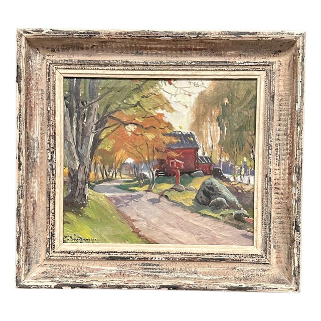 Karl Gustaf Strandberg, Road to Red Huts, 1950s, Oil Painting on Canvas, Framed For Sale