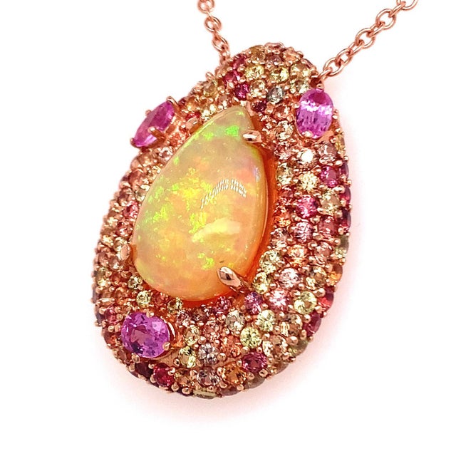 Natural Fine Quality Ethiopian Pear Cabochon Opal and Sapphire Necklace 14k Gold 17" 11.5 TCW GIA Certified and GAL...